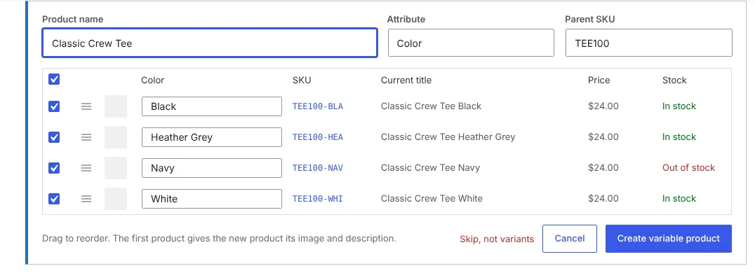 A group being reviewed: product name Classic Crew Tee, attribute Color, parent SKU TEE100, and four rows labeled Black, Heather Grey, Navy and White with their SKUs, prices and stock.