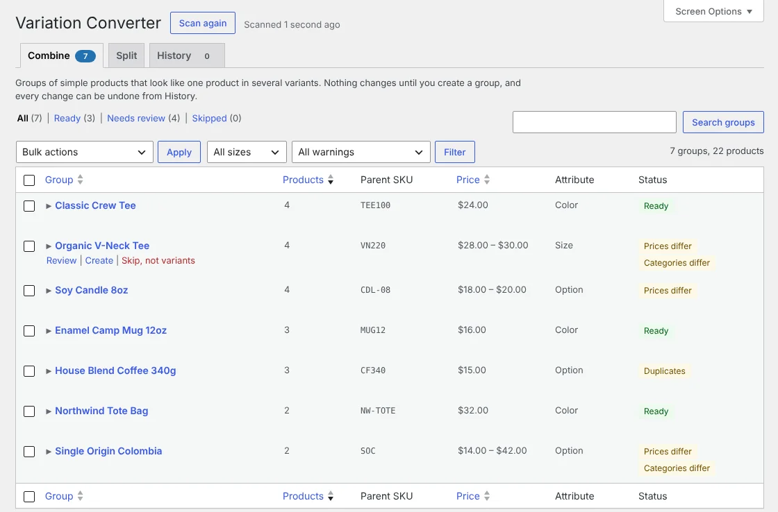 The Combine tab listing proposed groups such as Classic Crew Tee and Soy Candle, each with a product count, parent SKU, price range, attribute and status.