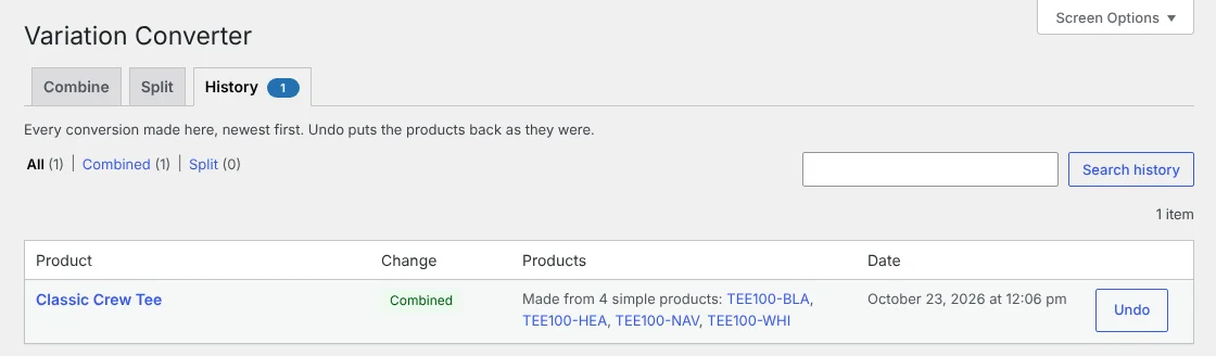 The History tab showing Classic Crew Tee, combined from four simple products, with an Undo button.